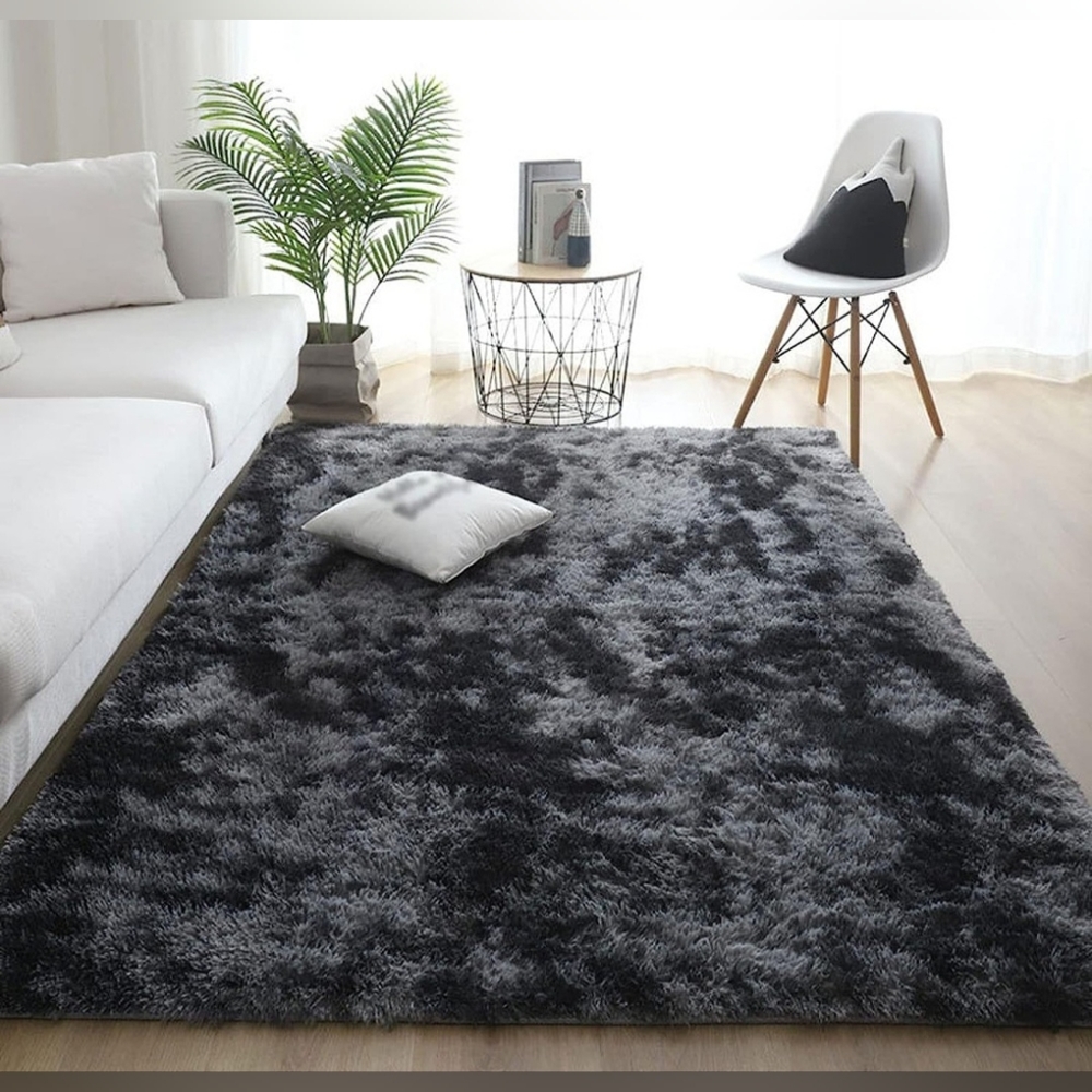 Super Soft, Shaggy, & Fluffy Lightweight Area Rug Black & Gray Tie Dye Print